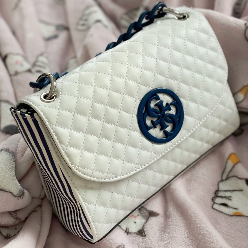 Guess white leather and blue chain handbag